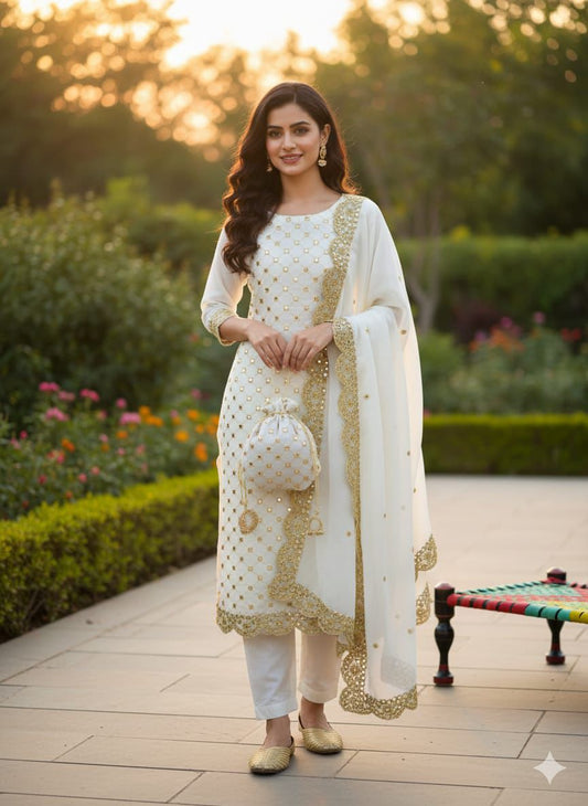 RY-FC-018 | Pearl White Mirror-Work Festive Suite